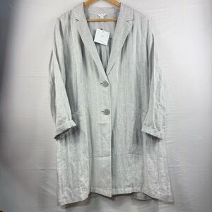 J. JILL 100% Linen Gray & White Stripe Blazer Jacket Trench Coat Size Large